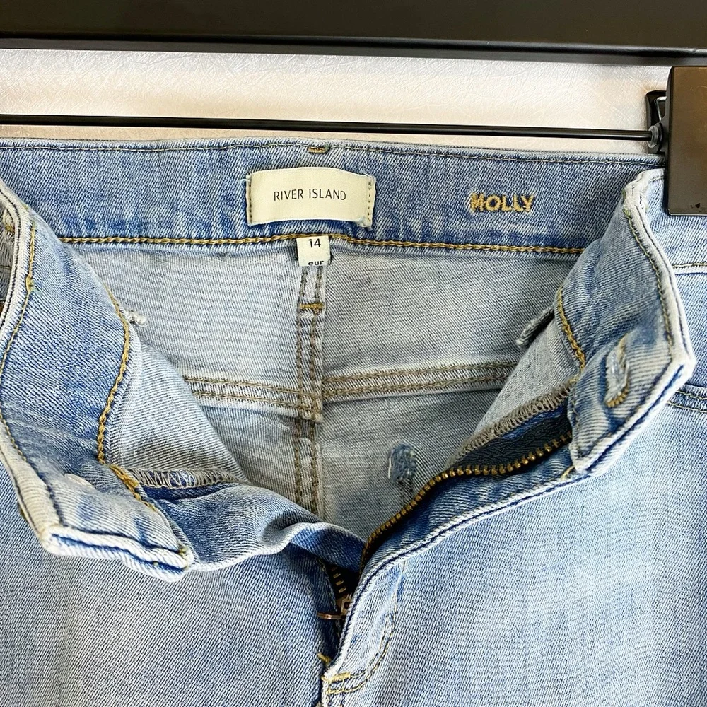 River Island Molly Mid Rise Skinny Jeans Light Wash Distressed Cotton 14 EU